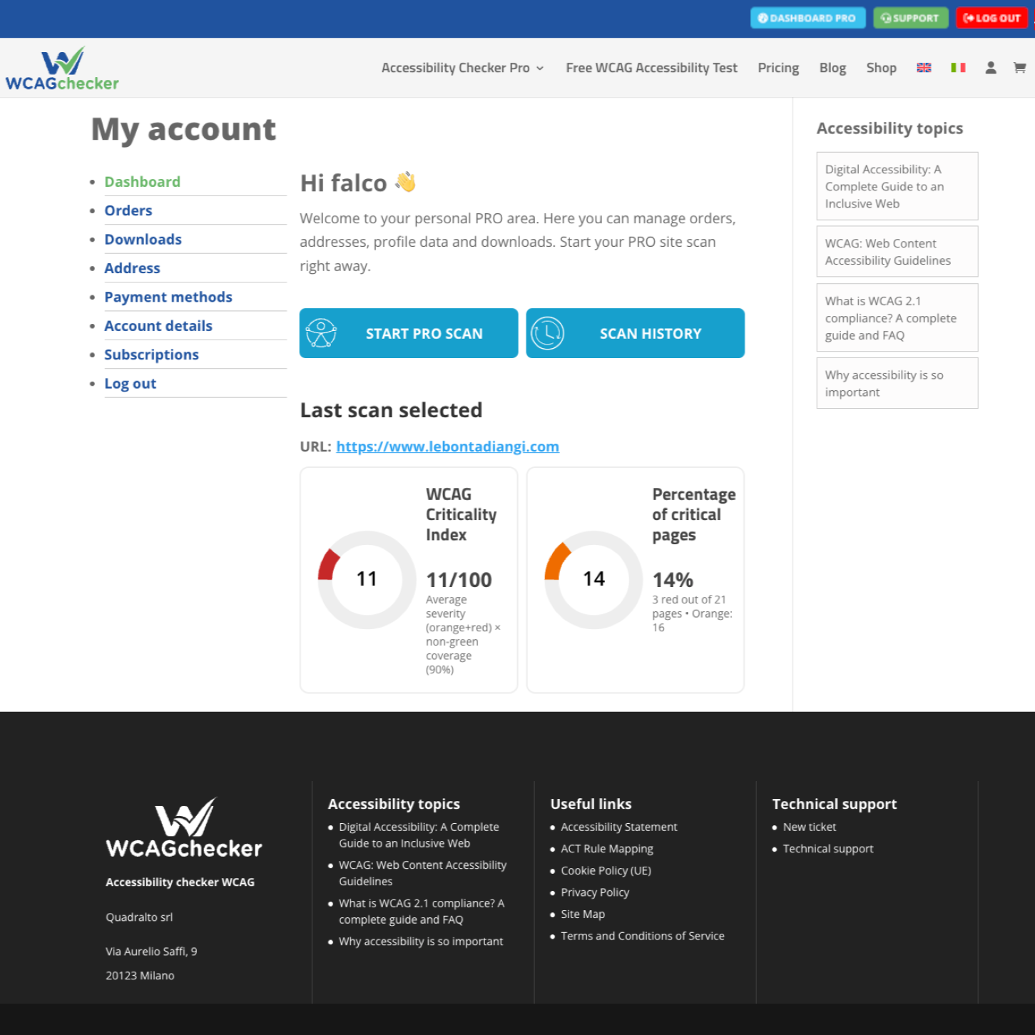 WCAG accessibility checker PRO my account page
