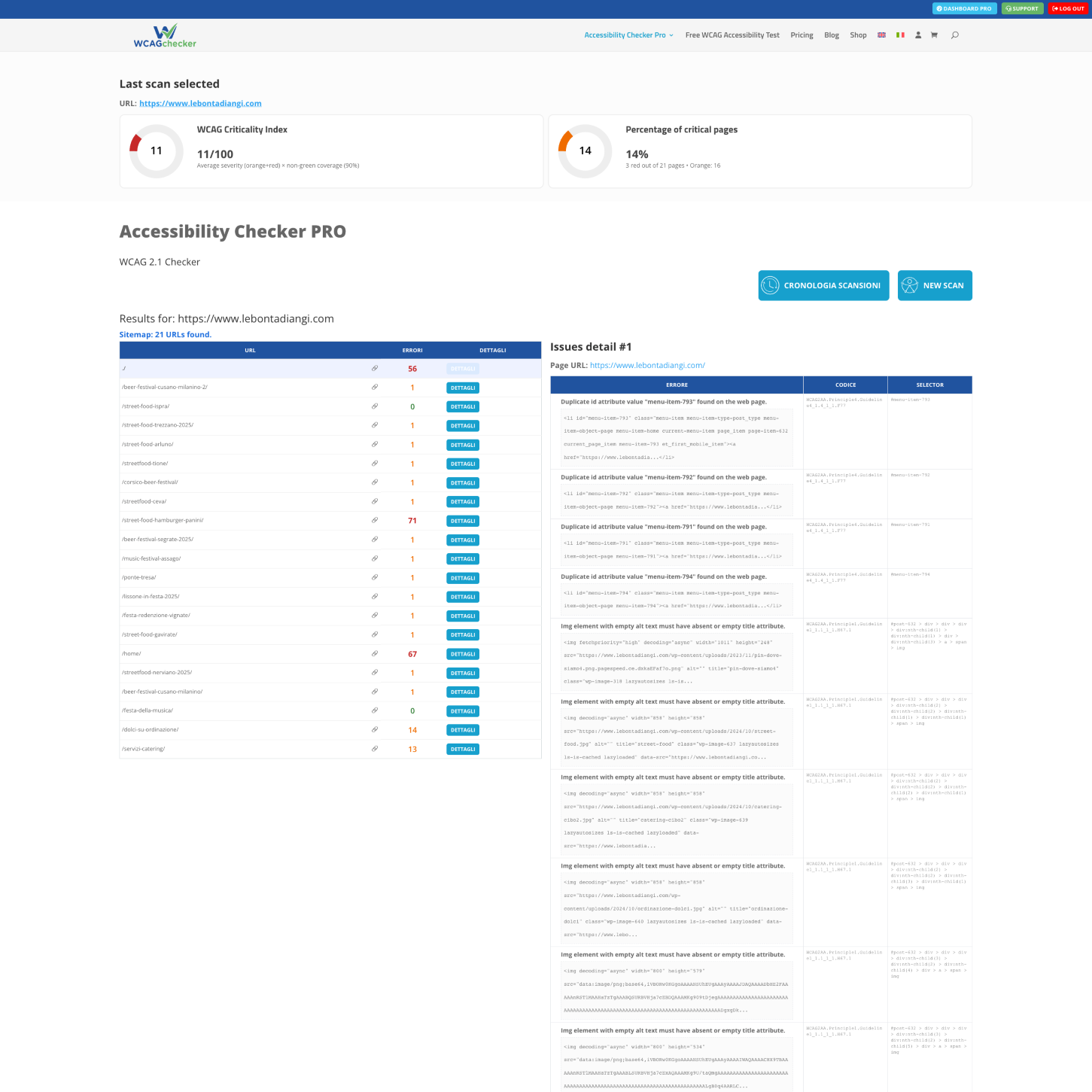 WCAG accessibility checker PRO sitemap scan details